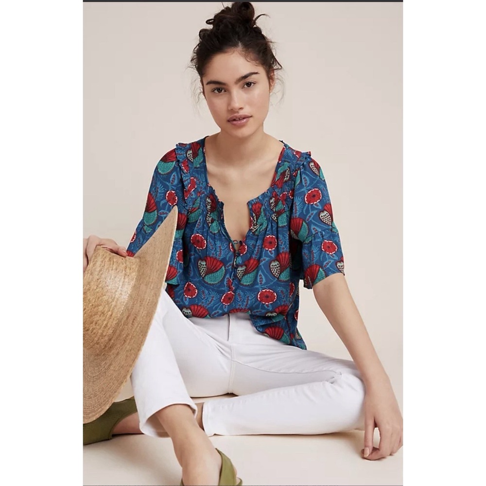Anthropologie Maeve Letitia BOHO Floral Print Smocked Neck Ruffle Sleeve Top S